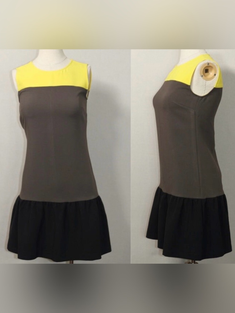 LOFT Women’s Colorblock Ruffle Shift Dress Yellow Gray Black Sleeveless Size 2